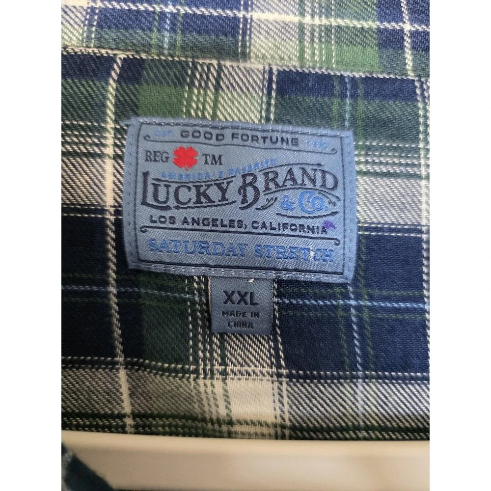 Lucky Brand Shirt Mens 2XL Blue Plaid Long Sleeve Snap Western Flannel Stretch